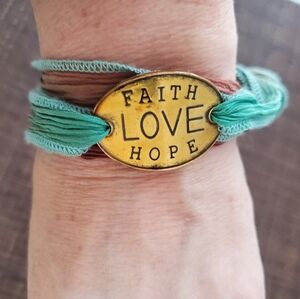 Boho Stamped Wrap bracelet with crinkle silk- faith, love, hope